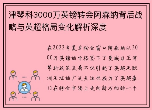 津琴科3000万英镑转会阿森纳背后战略与英超格局变化解析深度