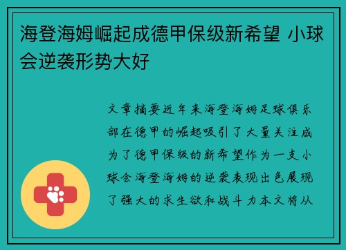海登海姆崛起成德甲保级新希望 小球会逆袭形势大好